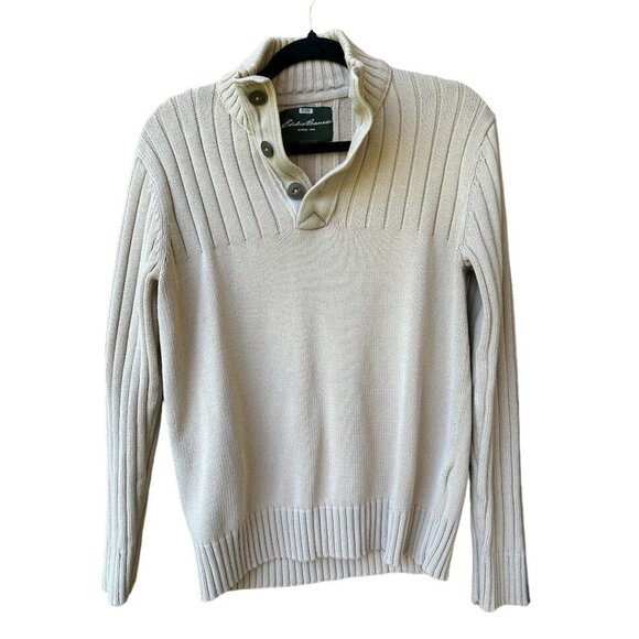 Eddie Bauer Men's Ribbed Knit Button-Up Sweater Beige 100% Cotton Size S - Picture 1 of 6